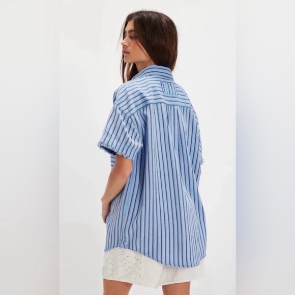 FREE PEOPLE Oversized Christopher Linen Striped Top NWT Blue - Picture 3 of 9